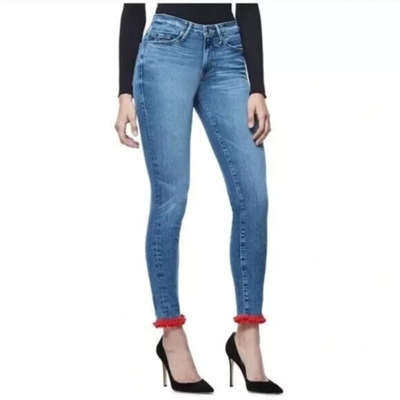 Good American Good Legs Skinny Jeans Size 12/31 Red Pom Pom Hem Stretch - Picture 1 of 12